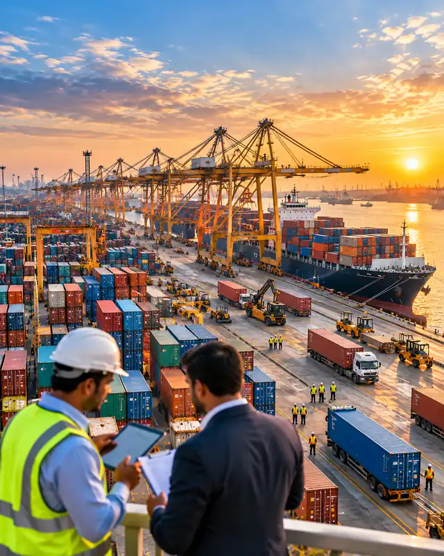 Container port at sunrise: a logistics inspector and a freight forwarder review cargo documents